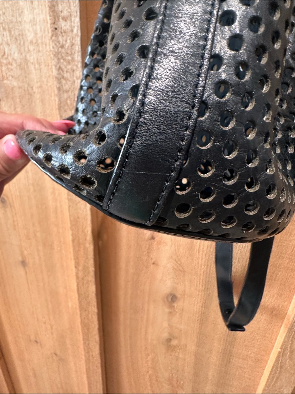 Loeffler Randall Industry Black Leather Perforated Drawstring Bucket Bag - Picture 5 of 12
